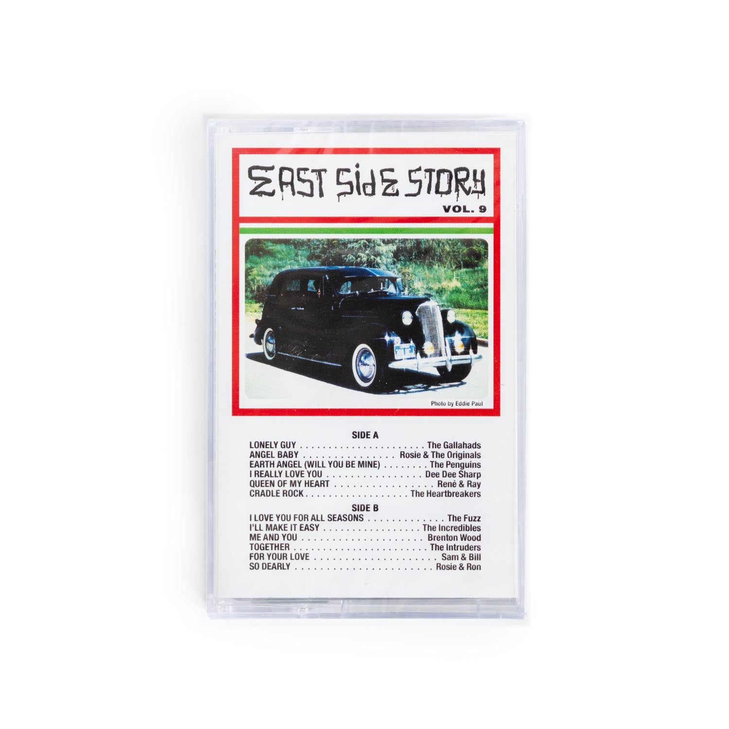 Album cover for 'East Side Story Vol. 2' cassette with a lowrider car photo and track list.