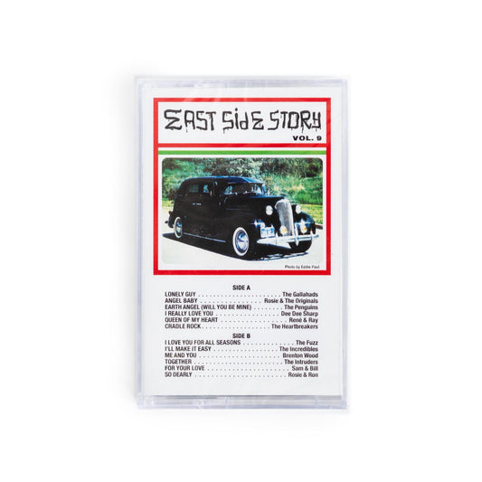 Album cover for 'East Side Story Vol. 2' cassette with a lowrider car photo and track list.