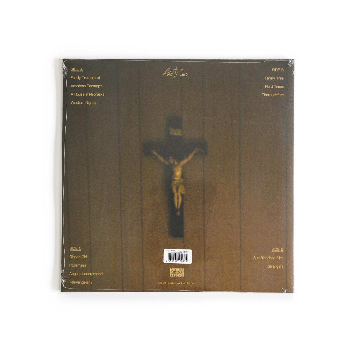 Back cover of Ethel Cain’s Preacher’s Daughter 2025 vinyl reissue with tracklist, credits, and somber visual layout. Designed for fans of ethereal indie pop and gothic Americana.