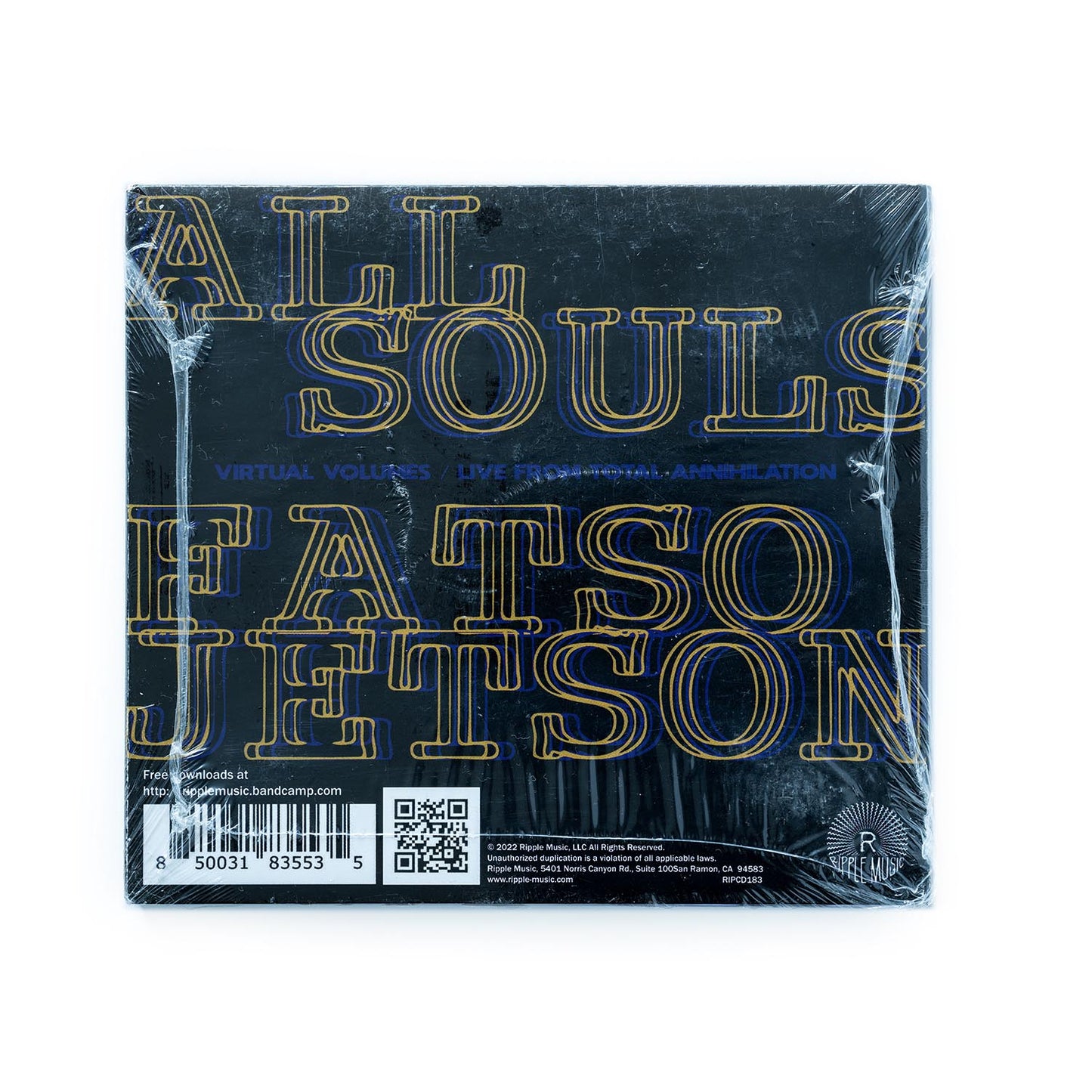 Back cover of All Souls / Fatso Jetson – Virtual Volumes Live CD (2022) with the two band names; includes label info and design elements reflecting the experimental sound of the album.