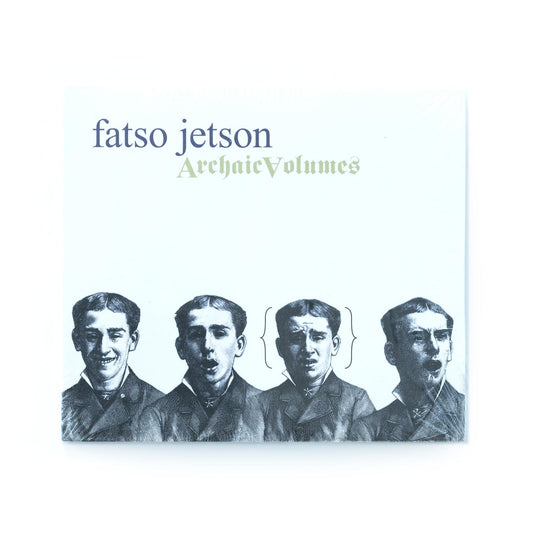 Fatso Jetson – Archaic Volumes CD front cover featuring surreal faces, and bold, typography that reflects the band’s heavy, experimental desert rock sound.