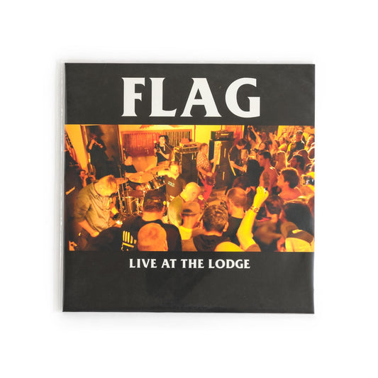 Album cover for Live At The Lodge by Flag, unofficial live tribute to Black Flag featuring original band members. The cover is a live photograph of the show featuring Chuck Dukowski, Dez Cadena, Keith Morris, Stephen Egerton, and Bill Stevenson. 