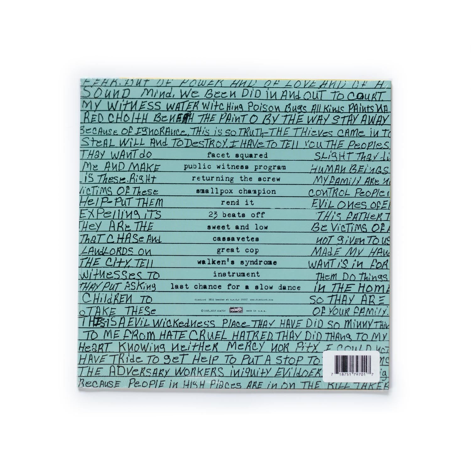 Fugazi In On The Kill Taker back cover – full tracklist with stylized typography and production credits, part of Dischord Records’ 2016 reissue series.