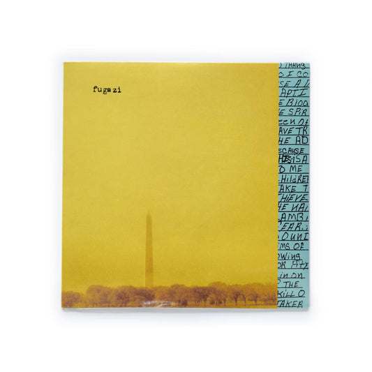 Fugazi In On The Kill Taker album cover – a hazy, yellow tinged photo of the Washington monument with Fugazi in distressed type in the top left corner, Dischord Records 2016 vinyl reissue.