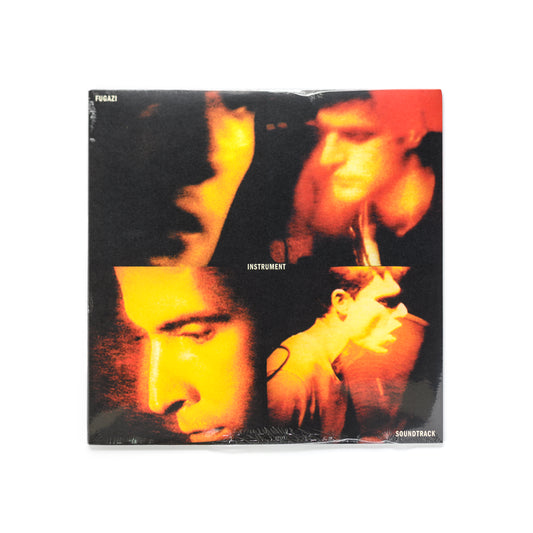 Fugazi – Instrument Soundtrack album cover featuring abstract still photography of the band members. Minimalist design with raw, analog aesthetic, representing the iconic Washington D.C. post-hardcore band’s experimental instrumental LP. Dischord Records 2009 vinyl reissue, essential for punk, indie rock, and Fugazi vinyl collectors.