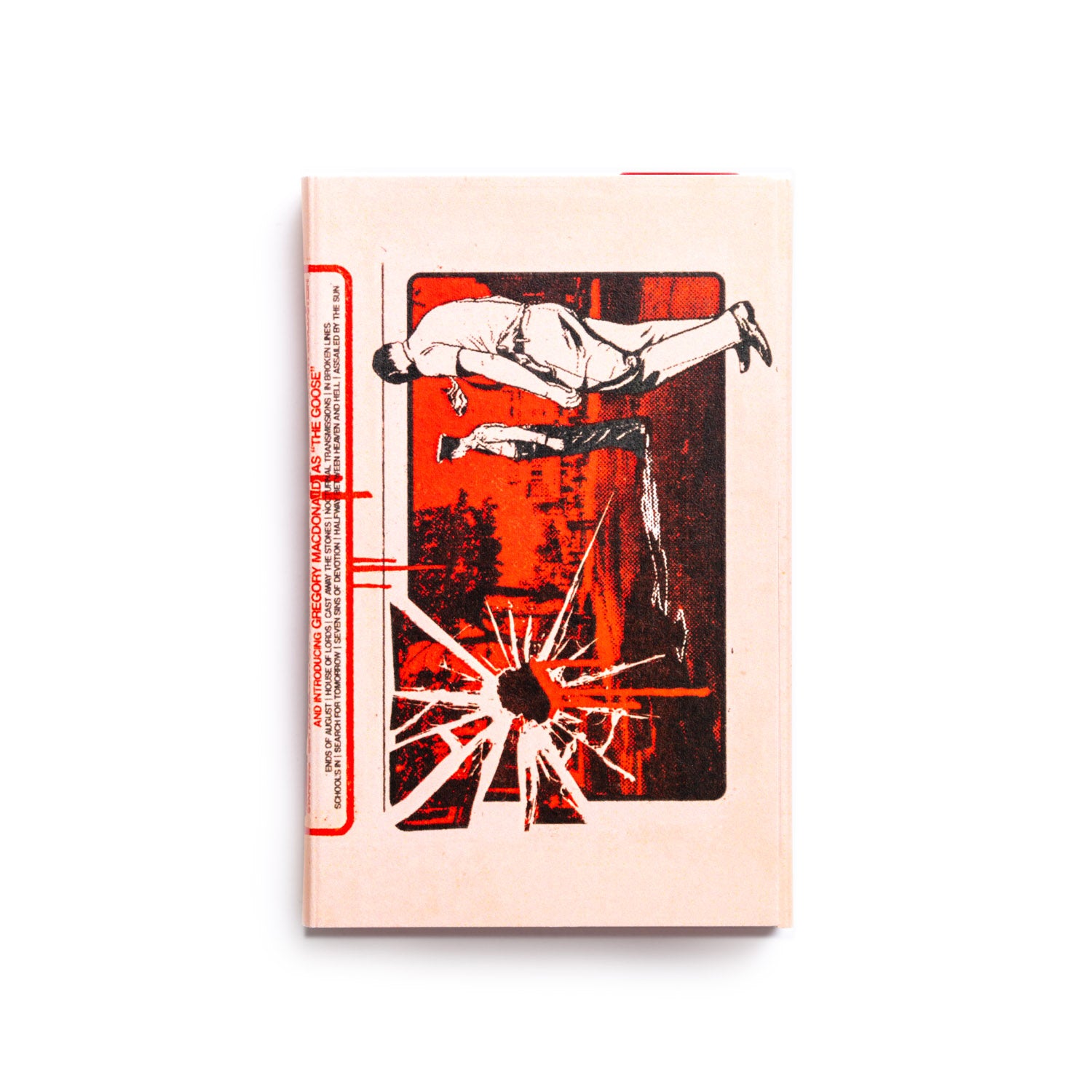 Back cover of Ian Blurton's Future Now cassette with a stylized illustration of a person in mid-air and a shattered glass effect on a white background.