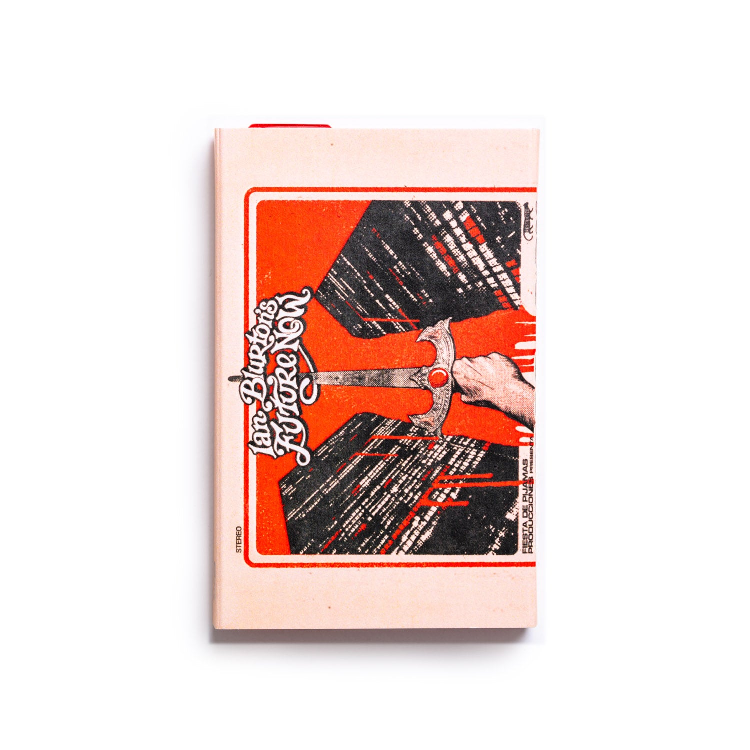 Cassette tape of Ian Blurton's Future Now Crimes of the City cover with a stylized illustration of a hand holding a sword against skyscrapers on an orange background