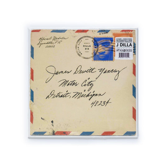 J Dilla – Motor City album cover designed to look like an envelope with Dilla as the postage stamp. 