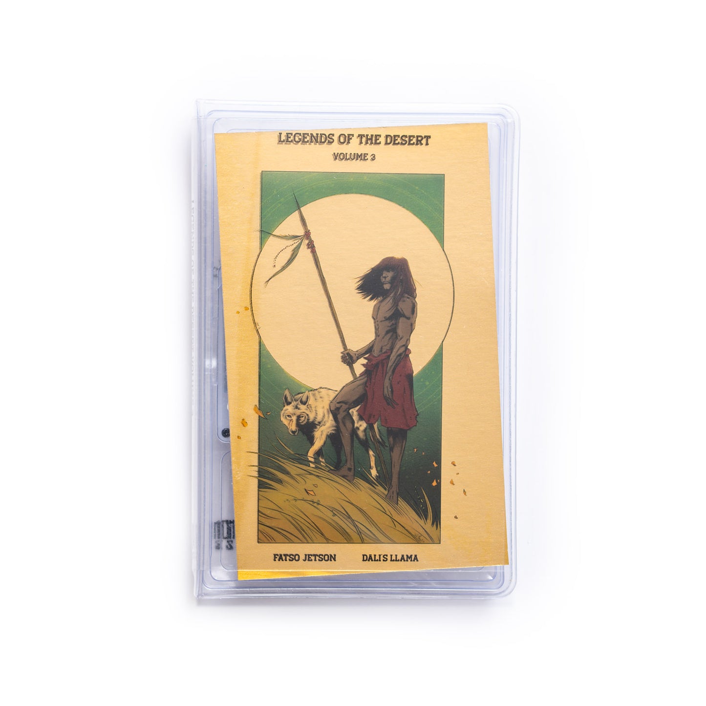 Card from 'Legends of the Desert' series featuring a warrior and llama with a yellow border. Fatso Jetson Dali's Llama