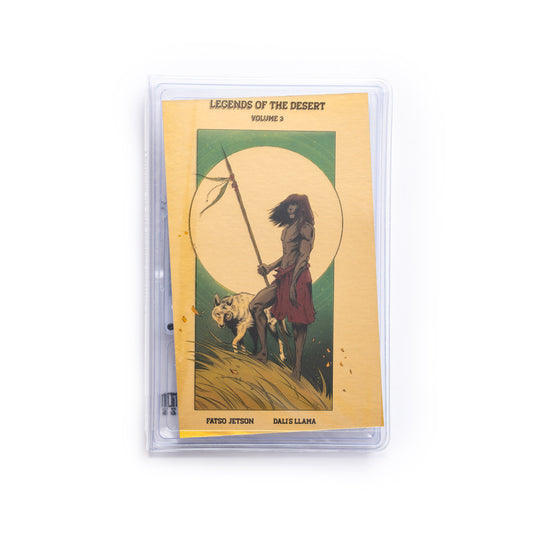 Card from 'Legends of the Desert' series featuring a warrior and llama with a yellow border. Fatso Jetson Dali's Llama