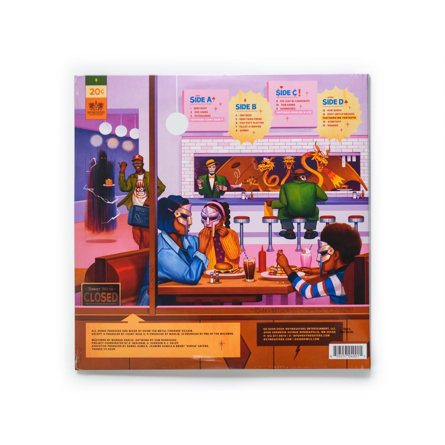 Back cover of MF DOOM’s MM..Food reissue showing full tracklist, artist credits, and Rhymesayers branding on a stylized background.