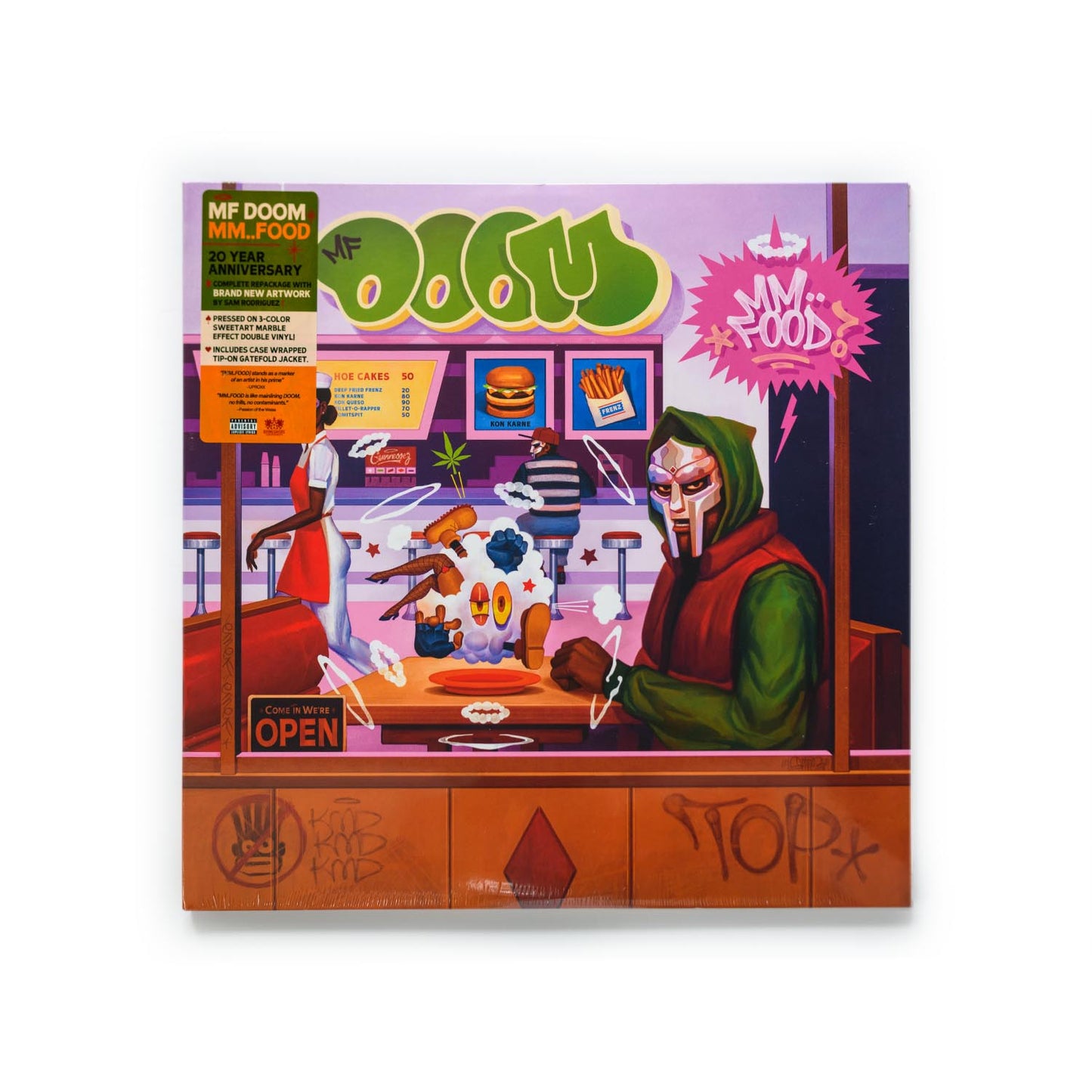 MF DOOM MM..Food album cover featuring 20th anniversary artwork in vivid colors with cartoon-style illustration.