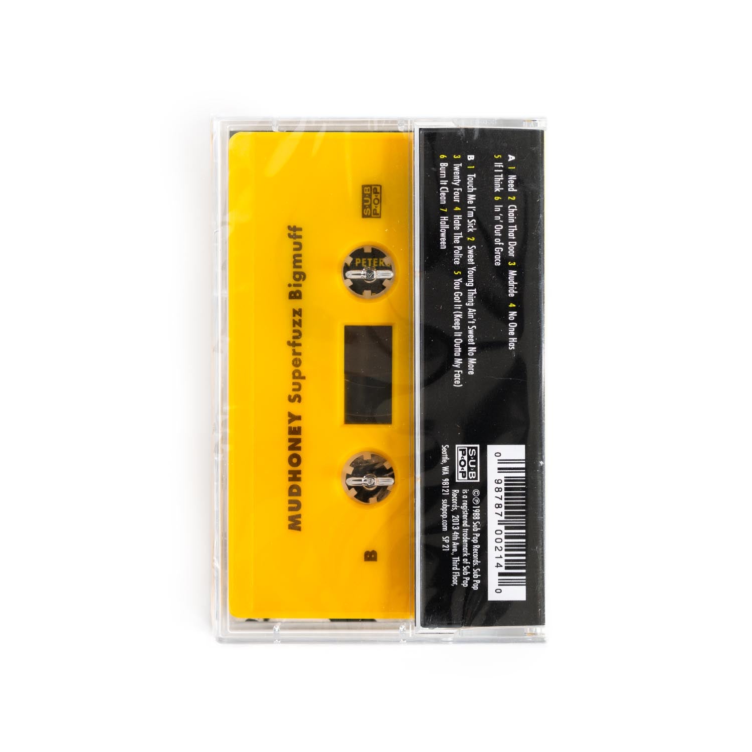 Back cover of Mudhoney Superfuzz Bigmuff cassette tape. The cassette shell is orange. Back of J Card has track list and Sub Pop logo. 