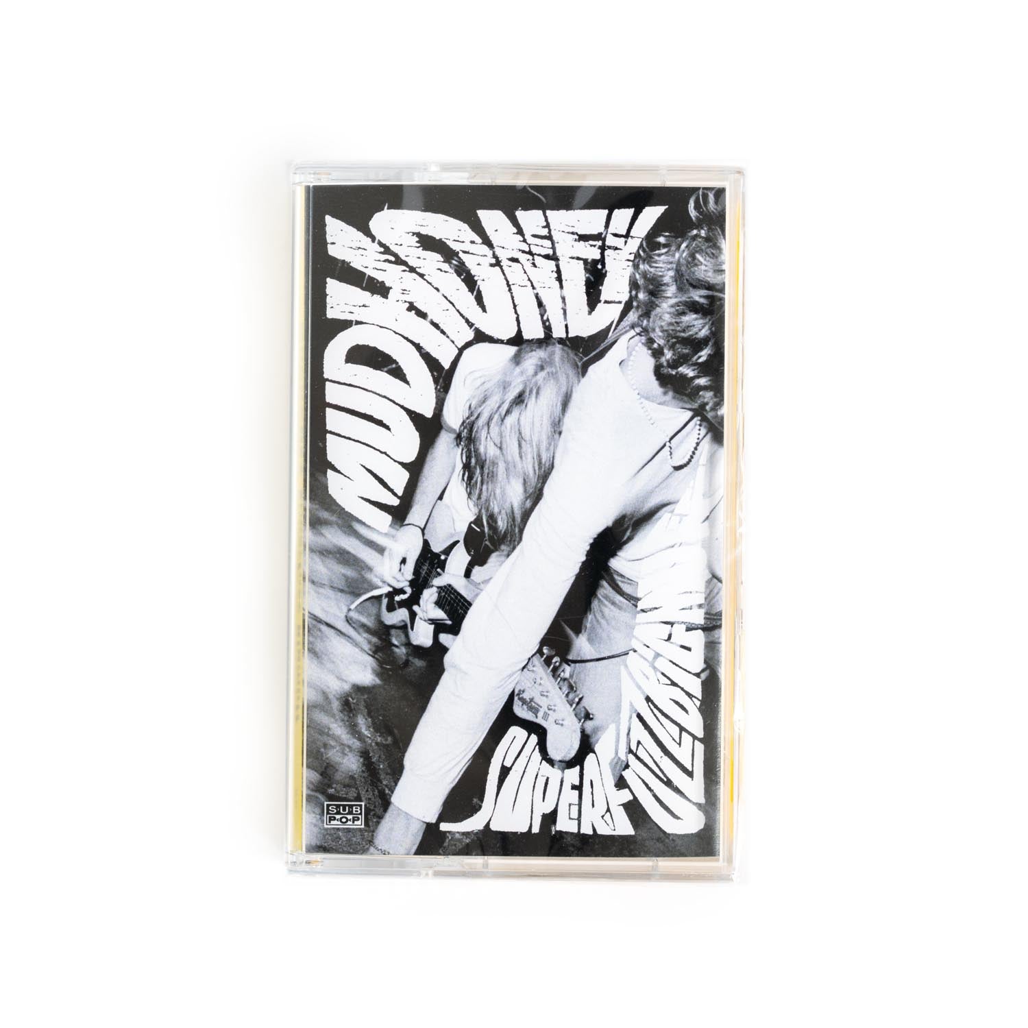 Cassette tape cover of Mudhoney Superfuzz Bigmuff with a black and white photograph of the band with hand drawn lettering. 