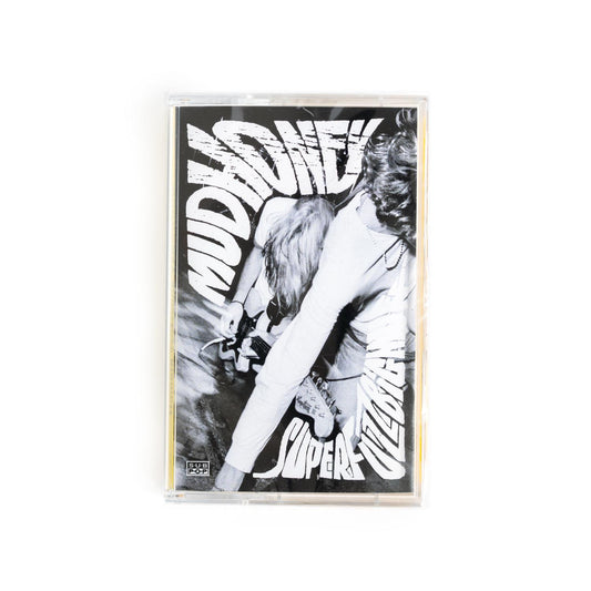 Cassette tape cover of Mudhoney Superfuzz Bigmuff with a black and white photograph of the band with hand drawn lettering. 