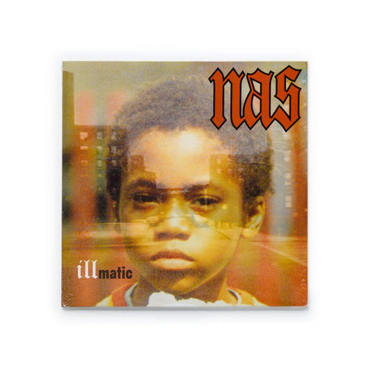 Nas – Illmatic European vinyl reissue cover art featuring young Nas superimposed over a cityscape.