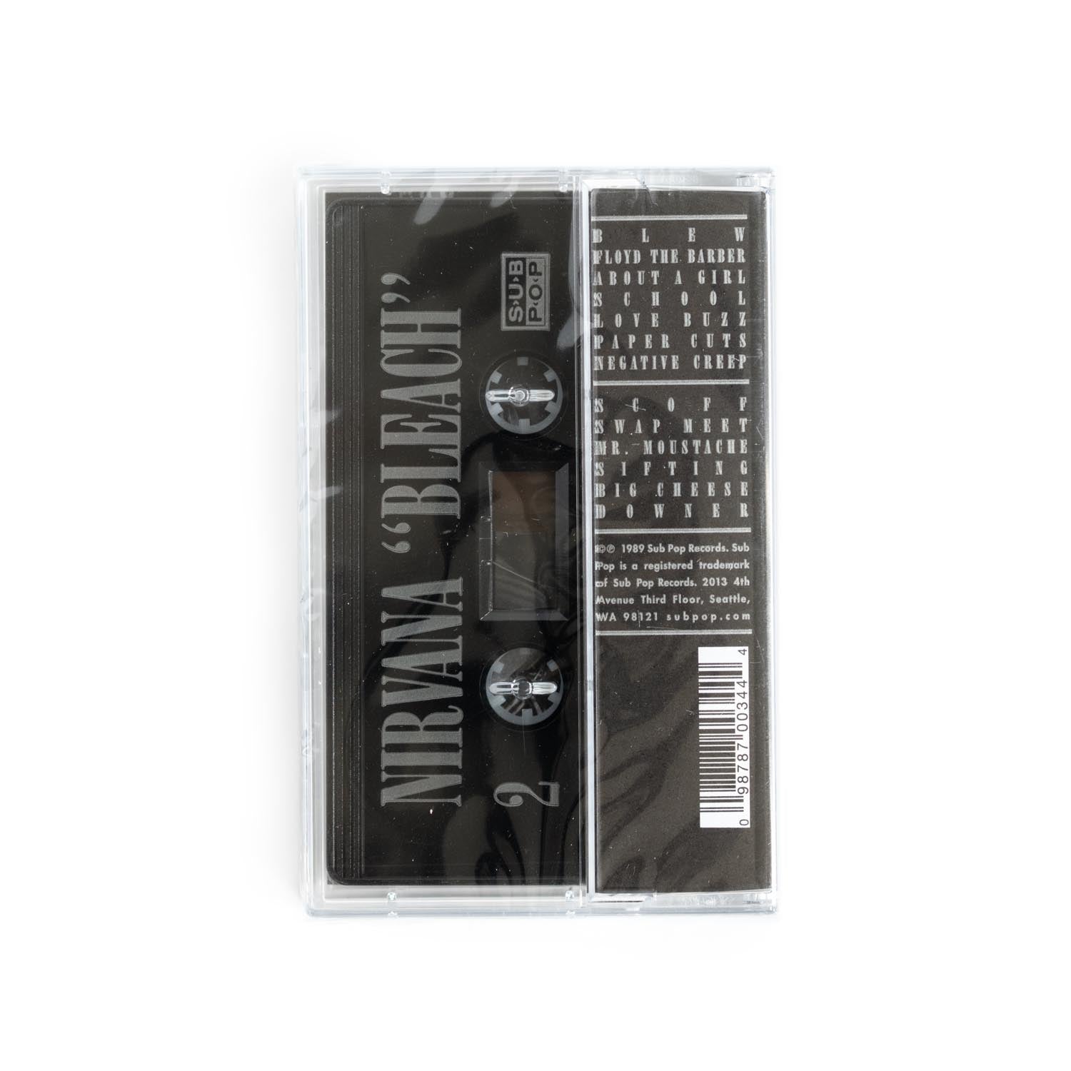 Cassette tape packaging of Nirvana's 'Bleach' with black cassette tape shell. 