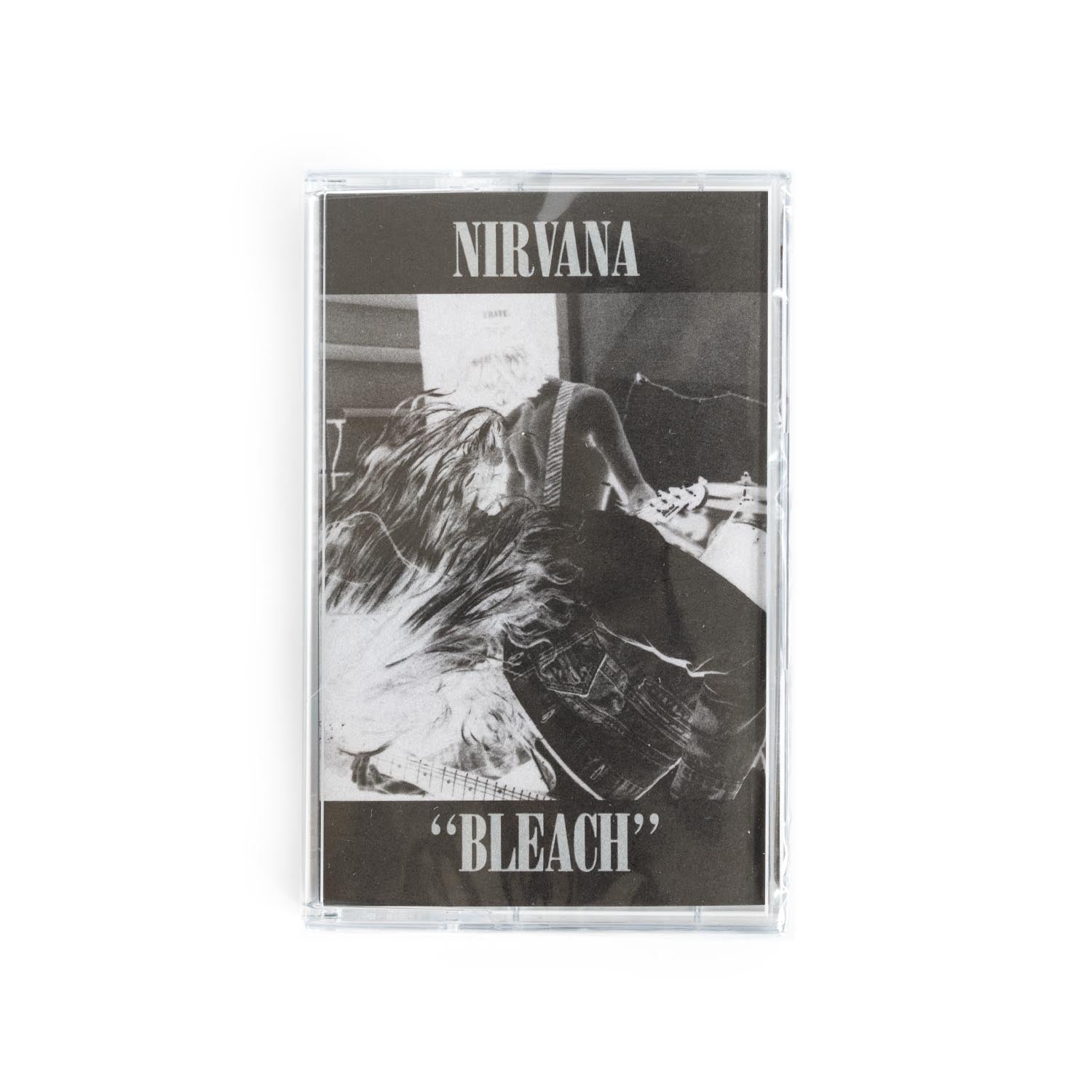 Nirvana Bleachcassette tape with 'Nirvana' and 'Bleach' on the cover against a black and white negative image of the band. 