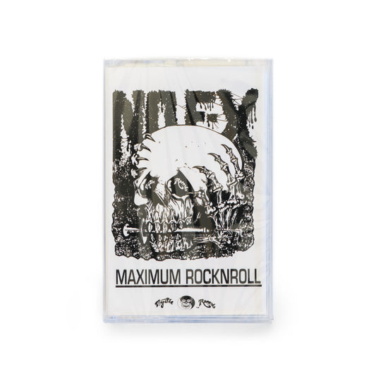 Front cover of NOFX Maximumrocknroll cassette tape featuring a black and white illustration of a skull with a syringe in it's mouth. 