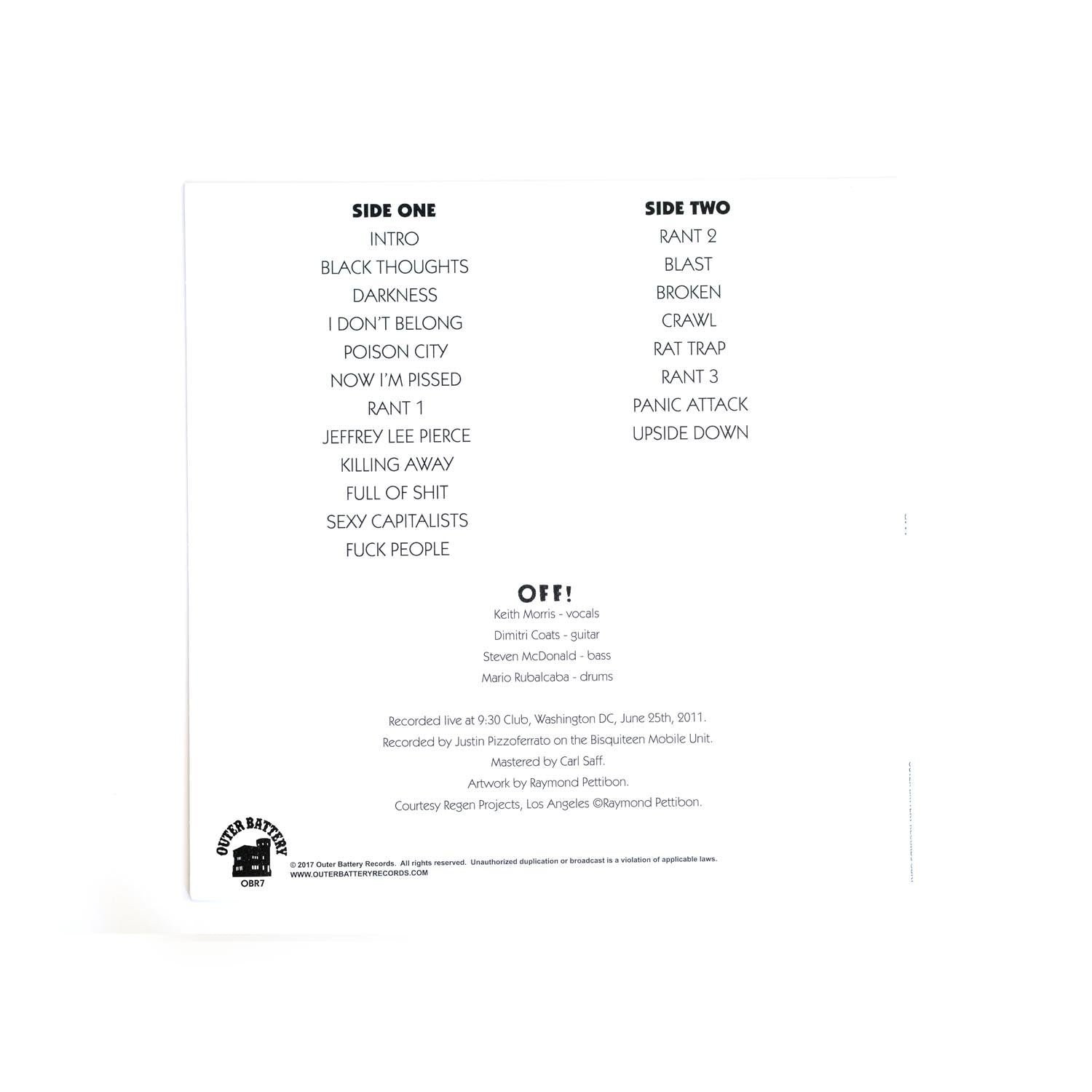 Album tracklist with side one and side two listings on a white background. Band credits listed: Keith Morris, Dimitri Coats, Steven McDonald, and Mario Rualcaba. 