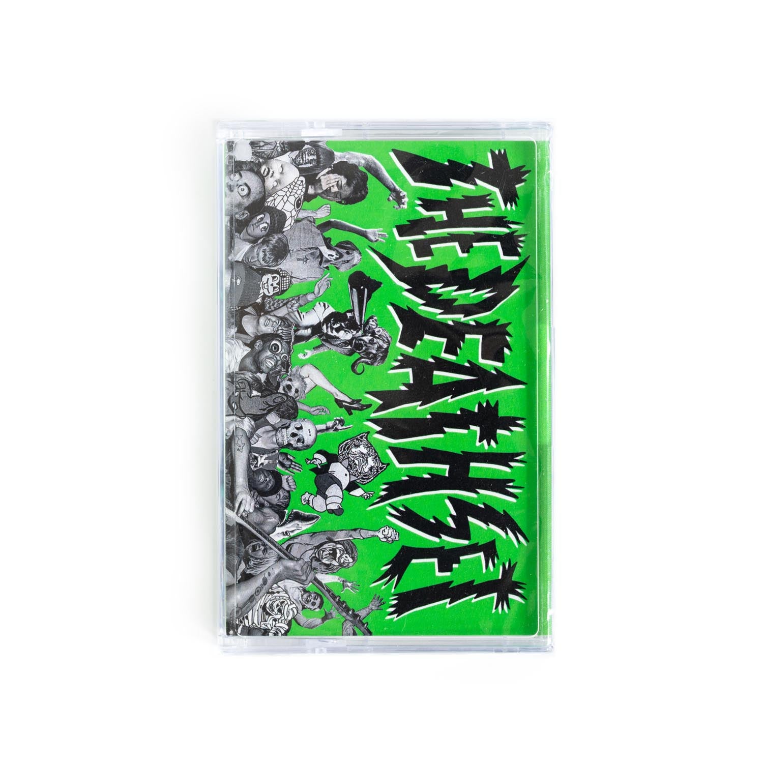 Front cover of The Deathset How To Tune A Parrot cassette. Green background with the band name in hand drawn type with a collage of black and white images on the bottom. 