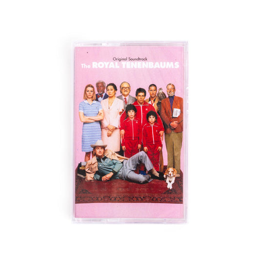 Cover of the Royal Tennenbaums cassette featuring a portrait of the actors from the film against a pink background. 