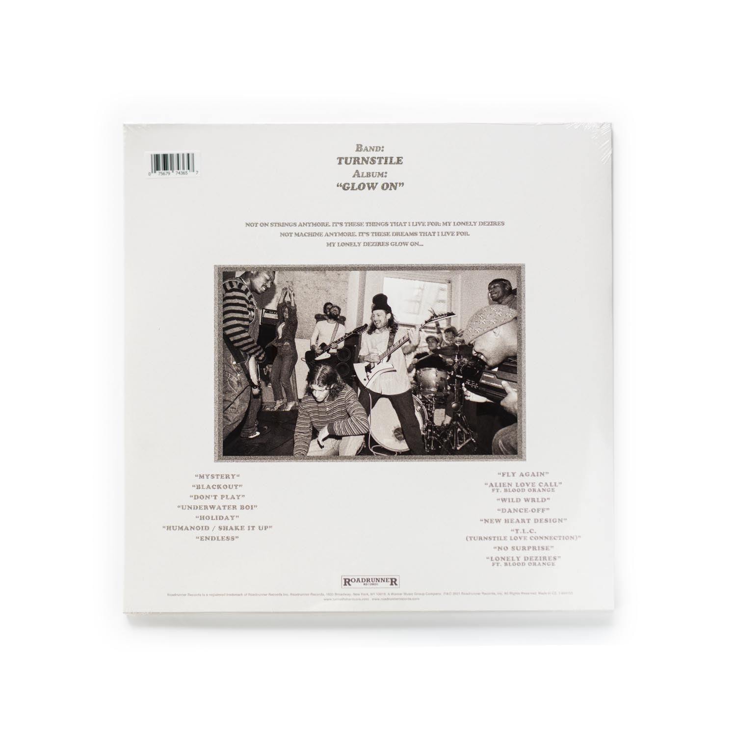 Turnstile Glow On vinyl back cover featuring full tracklist, production credits, and barcode for the 2023 Indie Exclusive Violet Vinyl pressing