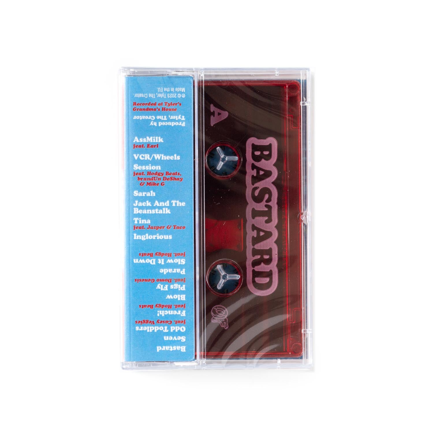 Back side of Tyler the Creator Bastard cassette tape with translucent red tape. 